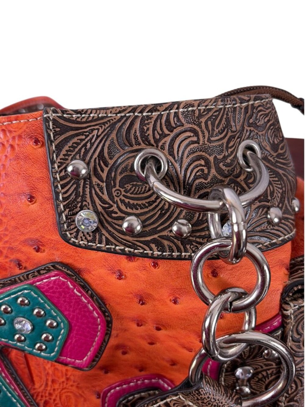 Vintage Blazin Roxx Cowgirl Purse Orange Pink Turquoise Rhinestone Cross - Picture 15 of 16